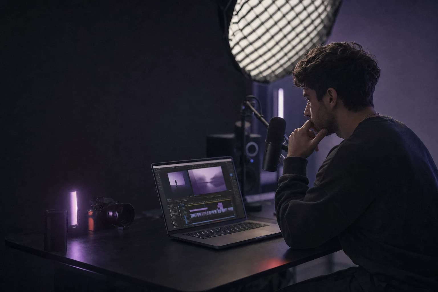 Solo creator working at a video production desk