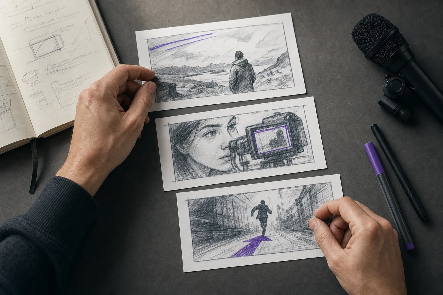 Creator arranging storyboard frames on a desk